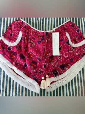 Poupette St. Barth Fuchsia Heart-Print Fringe Trim Boxer Shorts